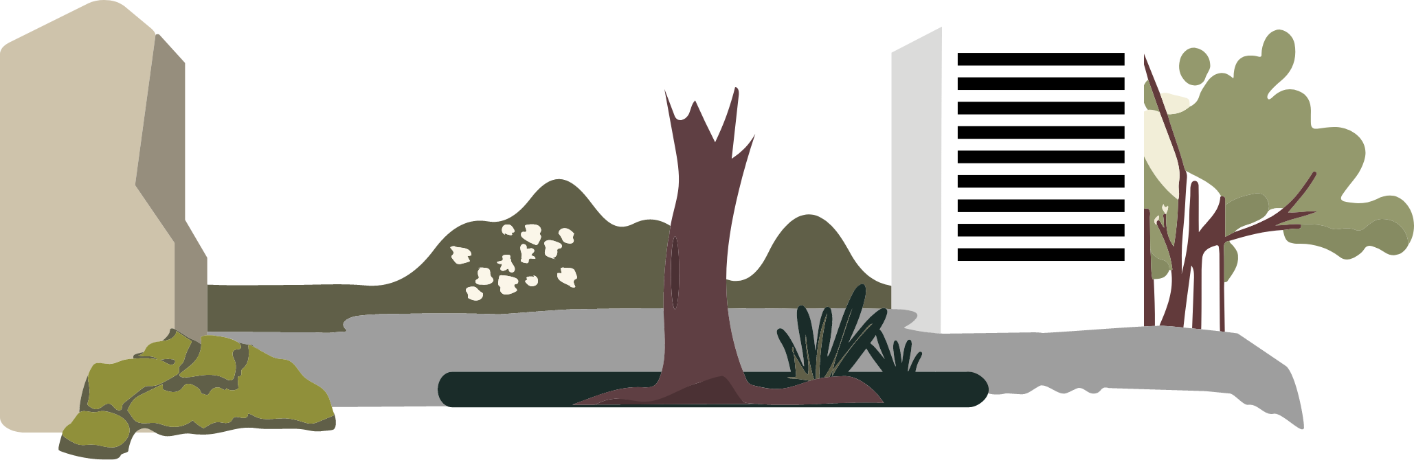 Grafik von einem angedeuteten Hochhaus in weiß-schwarz, davor ein Felsbrocken, ein abgebrochener Baumstamm und einige Pflanzen